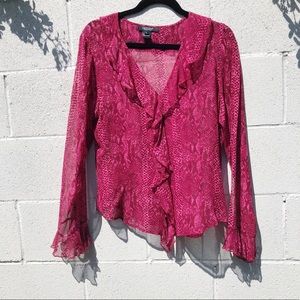 Fuchsia Snakeskin Ruffle Bell Sleeve Sheer…